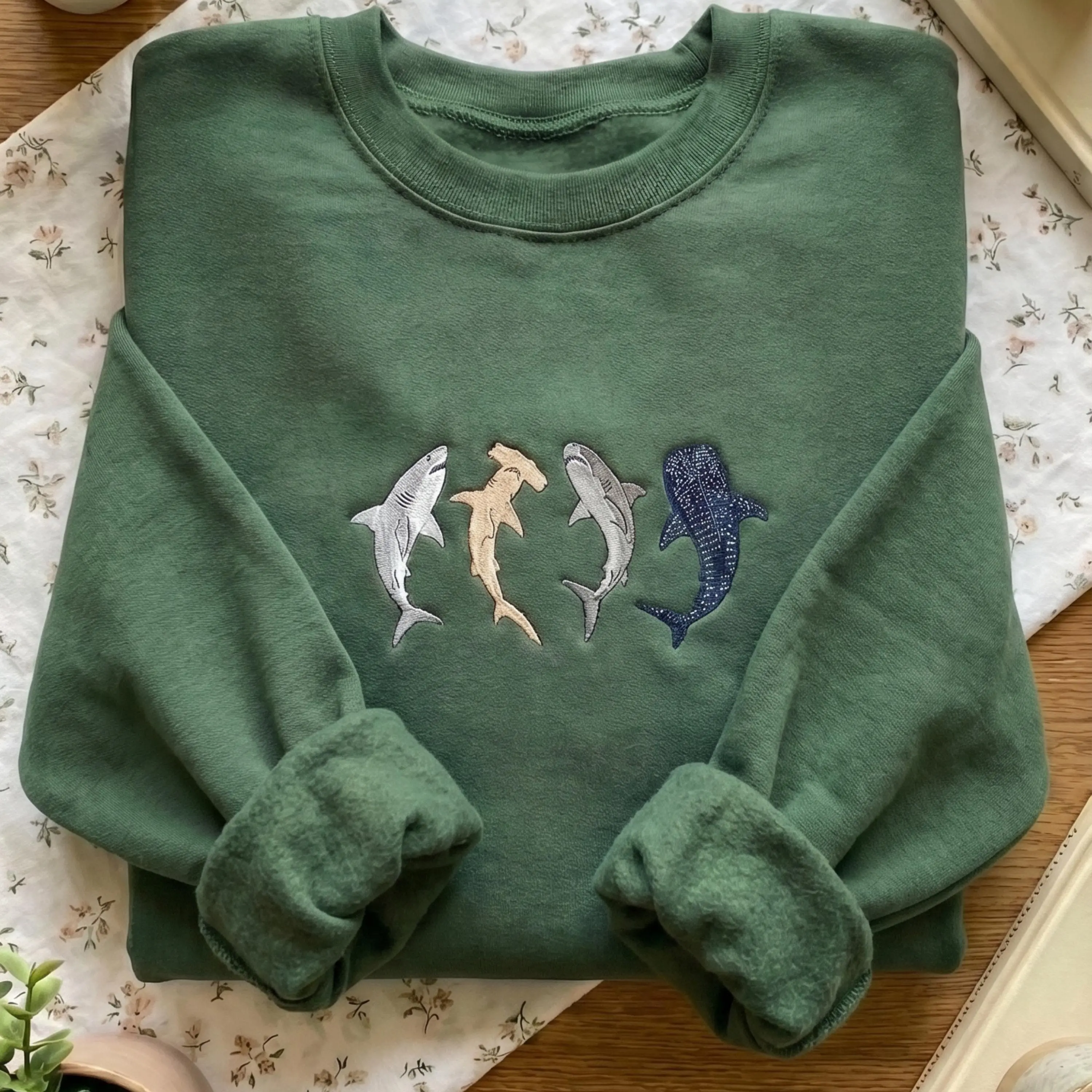 Colorful Shark Species Embroidered Sweatshirt, Ocean Life Sweater, Marine Gift