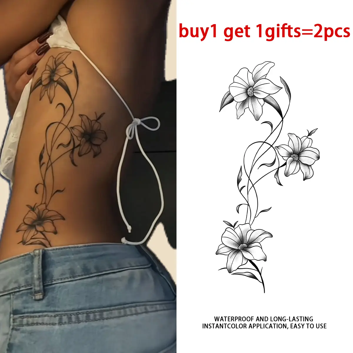 Women's Minimalist Lily Floral Vine Temporary Tattoo Stickers - 2 Sheets Waterproof Long-Lasting Plant-Based Realistic Fake Tattoos, Black Sketch Style, for Spine Back, All Skin Types, Ideal for Swimming, Festival
