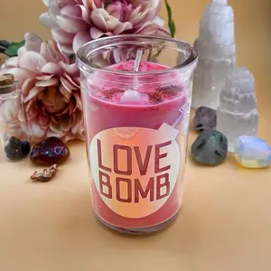 Dressed Soy Wax Spell Candle Love Bomb - Infused with Rose Oil and topped with Rose Quartz and Raspberry Powder