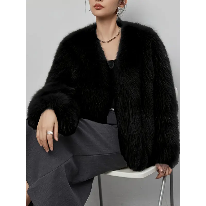 Women's Elegant Chic Solid Light Gray Faux Fur Winter Coat with a Fluffy Contrast Collar and Long Sleeves, Outerwear, Fabric, Dry Clean, Polyester, Contrast Fur, Regular, Fashion, Longsleeves, Jackets, Soft Warm Coat, Contrast Faux Fur
