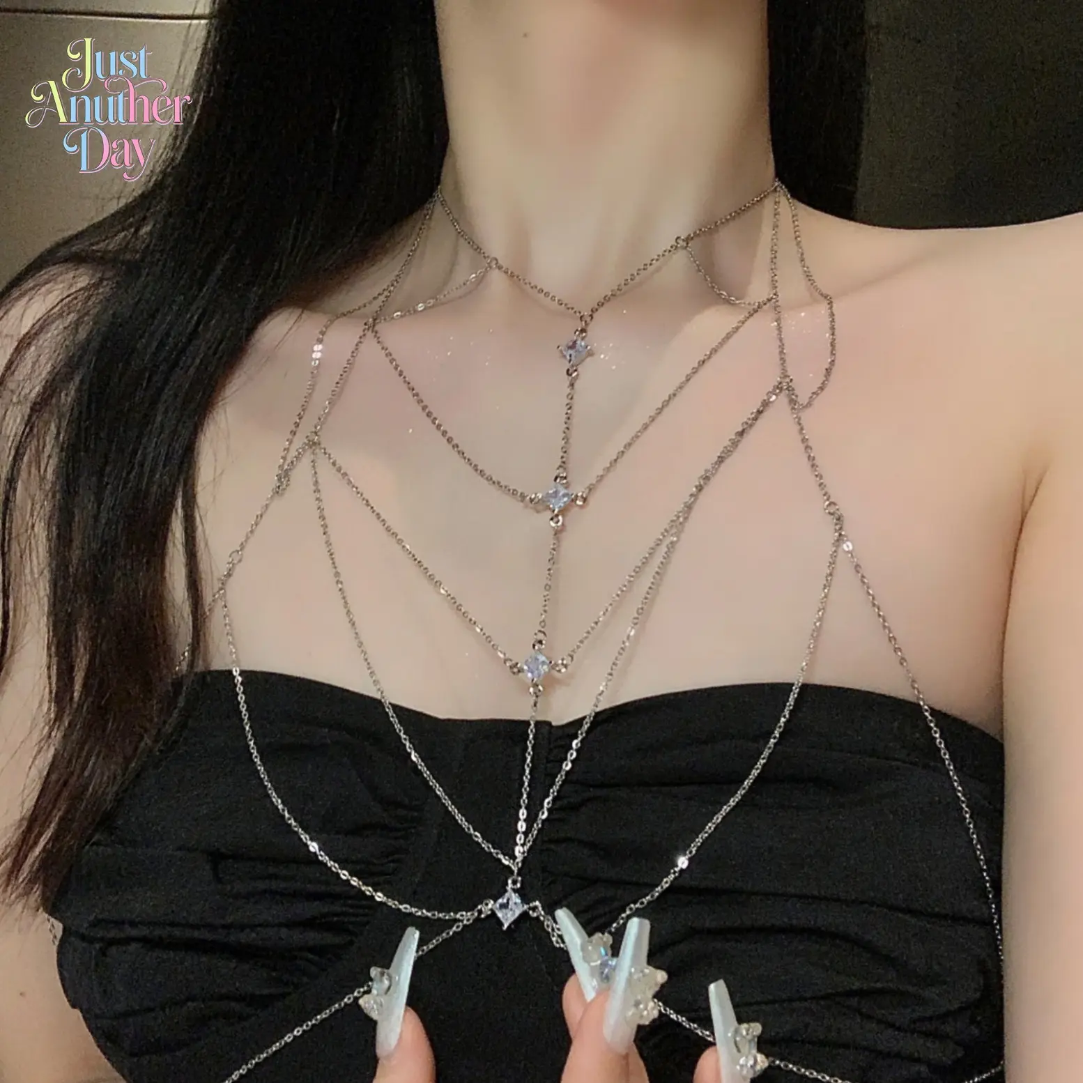 Silver Layered Rhinestone Body Chain Sparkling Multi-Tier Chest Chain for Backless Tops and Nightclub Outfits Perfect for Y2K and Coquette Aesthetics