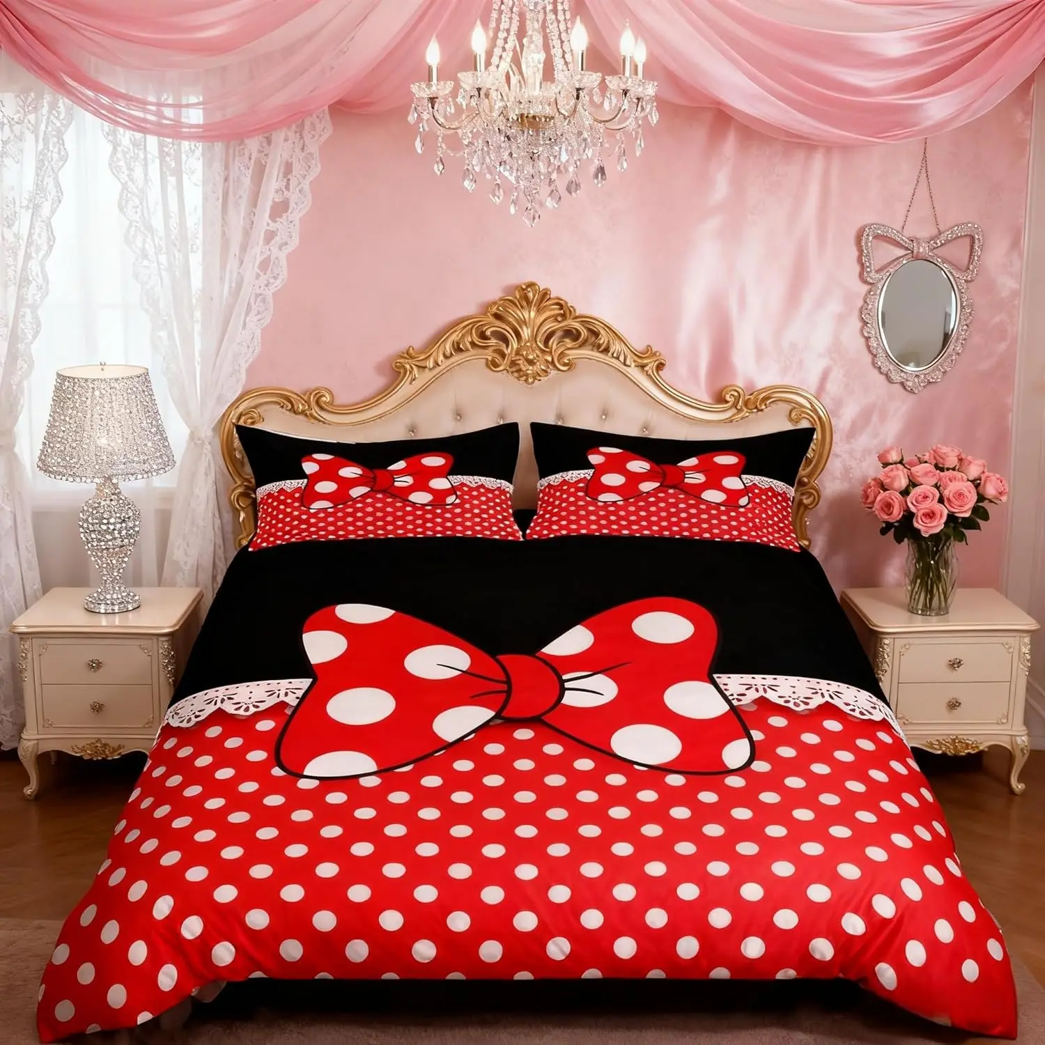 Bowknot Duvet Cover Set,White Dots Bedding Set Room Decor,Romantic Princess Style Comforter Cover Red and Black Quilt Cover