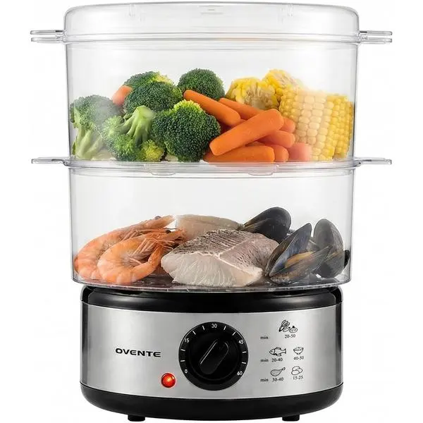 OVENTE 2-Tier Electric Food Steamer, 5 Qt Stainless Steel, Silver FS62S | Stackable Steam Cooker with 400W Power, 60-Minute Timer & Auto Shut-Off, Dishwasher Safe, Healthy Vegetables, Seafood & More