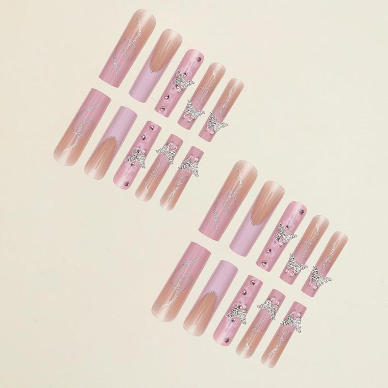 24PCS Long Square Press-On Nails Pink French Tip with Silver Rhinestones Flower Butterfly Charms Full-Cover Acrylic False Nails for DIY Manicure Easter Birthday Gift Set