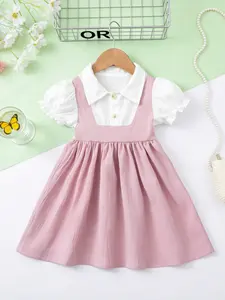 Girls' Summer New Dress, Stand Collar Patchwork Design, Bubble Sleeves & Waist Cinched A-Line Skirt, Casual Wear for Ages 3-8