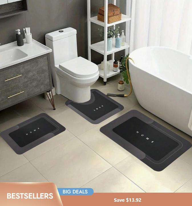 3-Piece HOME Design Bathroom Mat Set, Super Absorbent Microfiber Bath Rugs, Non-Slip Machine Washable U-Shaped Contour & Rectangular Floor Mats For Shower, Toilet, Hotel & Dorm