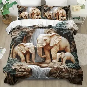 Cute Animal Elephant Embossed Print Bedding Set, 3 Piece Bedroom Decor, Soft Comfortable Bedding Essentials, Perfect Gift Choice, Bed Sheet Sets