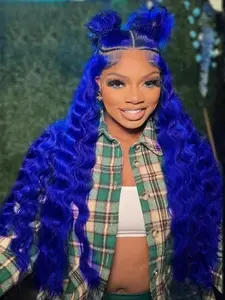 Deep Blue Deep Wave Wig, No Glue Design, Lace Front, Pre-Cut Hairline, Heat Resistant Synthetic Wig, Suitable for Women, All Seasons, Glueless Curly Wig