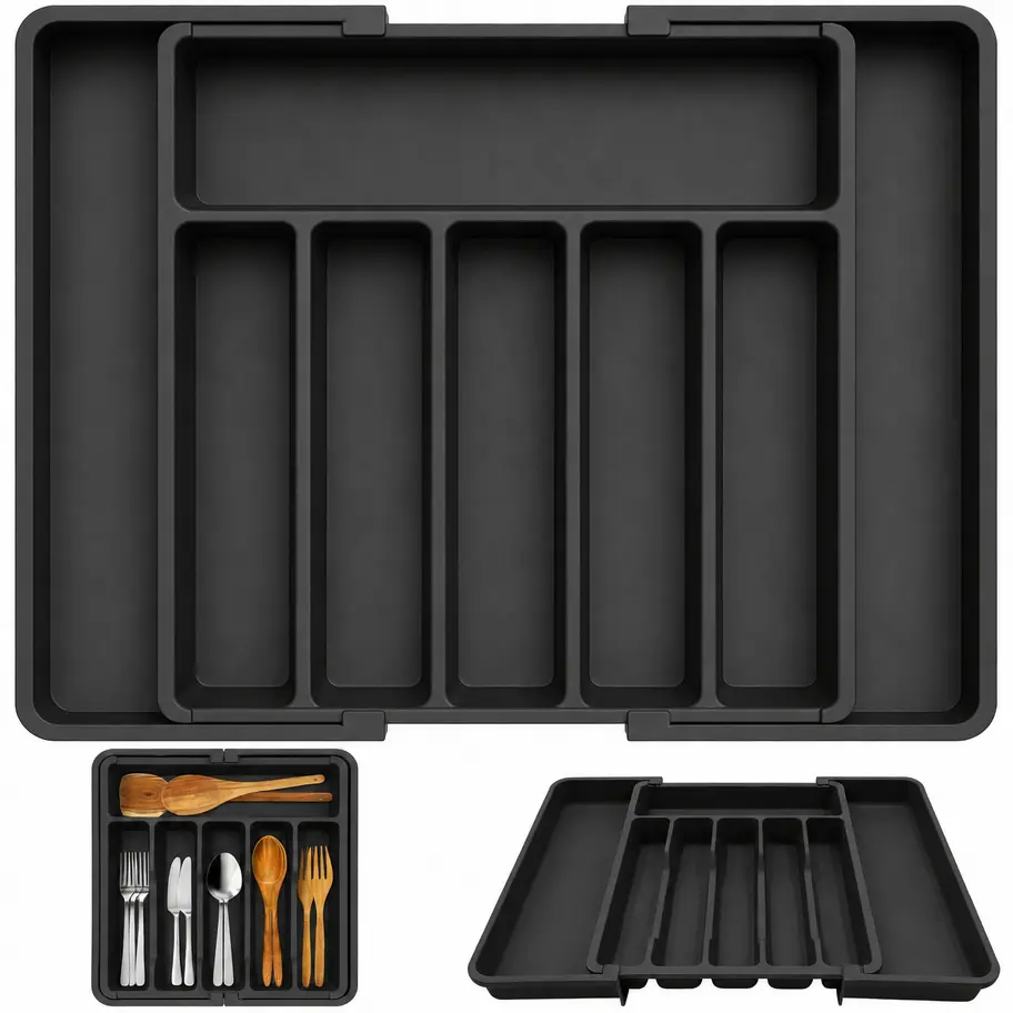 Silverware Drawer Organizer, Expandable Utensil Tray for Kitchen, BPA Free Flatware and Cutlery Holder, Adjustable Plastic Storage for Spoons Forks Knives, Large, Black Racks