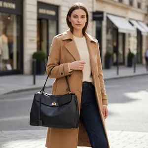 Minimalist Black Leather Work Tote Bag for Women Large Capacity Shoulder rodeo Bag with Gold Hardware