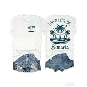 Womens Cotton Short Sleeve Graphic T Shirt Forever Chasing Sunsets Palm Tree Beach Sunset Print Summer Vacation Coastal Casual Tee For Travel Weekend