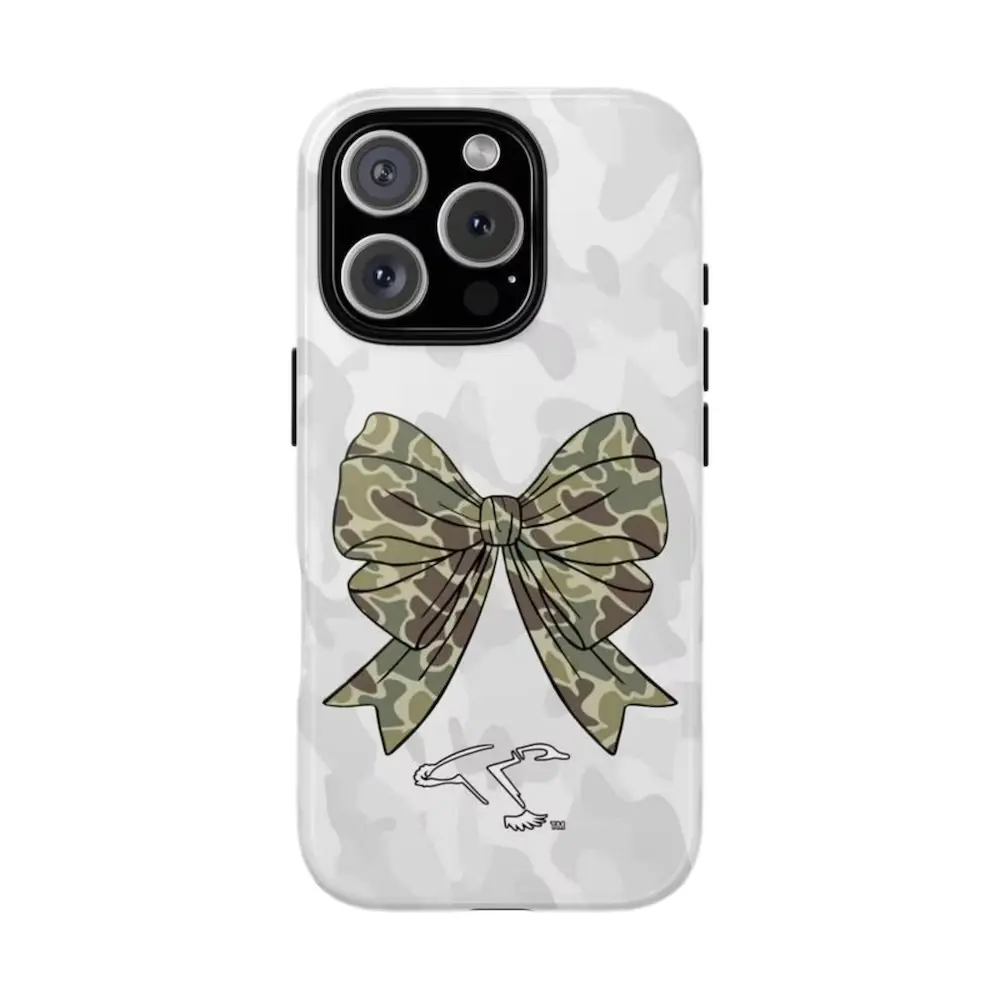 Retro Duck Camo Bow Coquette White Camo Southern Girly Hunting Phone Case for iPhone 17 16 15 14 13 12 Pro Max Mini Samsung S26 S25 S24 S23 S22 S21 Ultra Plus FE MagSafe compatible