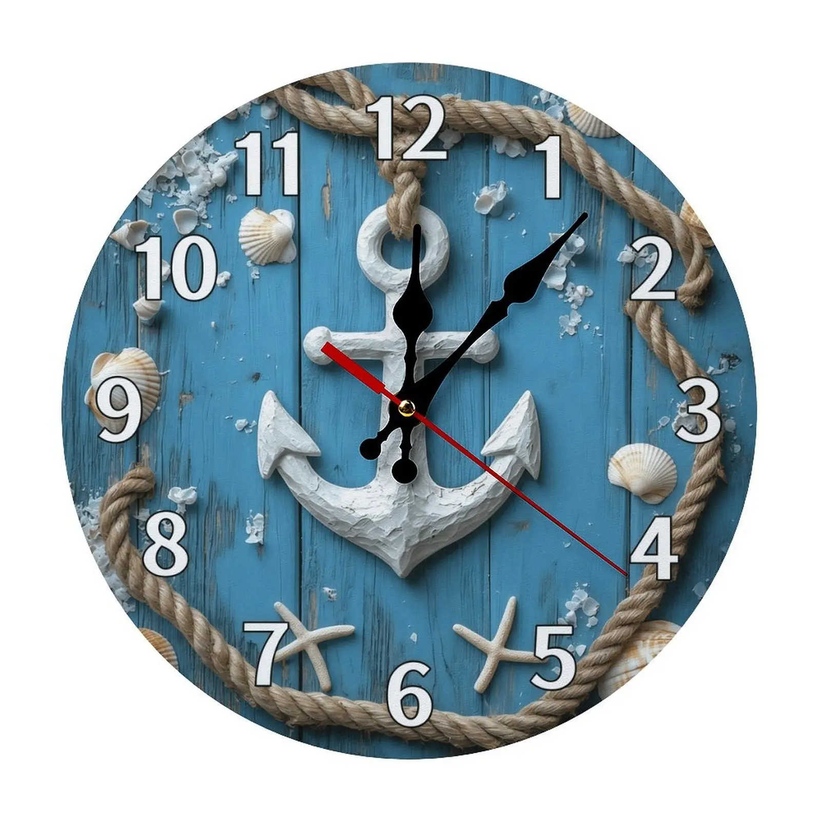 Rustic Blue Wood Anchor Wall Clock - 10/12in Round, Silent Sweep Movement, Rope & Seashell Accents, Battery Not Included, Ideal for Coastal Living Room, Nautical Decor, Room Decor (Home Supplies)