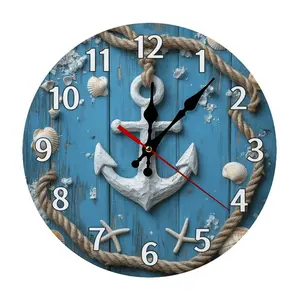 10/12in Rustic Blue Wood Anchor Wooden Wall Clock| Silent Sweep Movement With Rope and Seashell, Battery Not Included, Ideal For Coastal Living Room, Bathroom, Nautical Themed Decor, Room Decor, Clock Wall Clocks