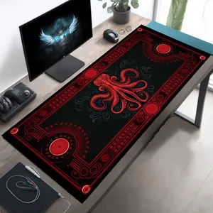 Aztec Octopus Desk Mat, Aesthetic XL Desk Pad, Geometric Mouse Pad, Red Black Gaming Accessory, Stylish XXL Mousepad, Unique Deskmat