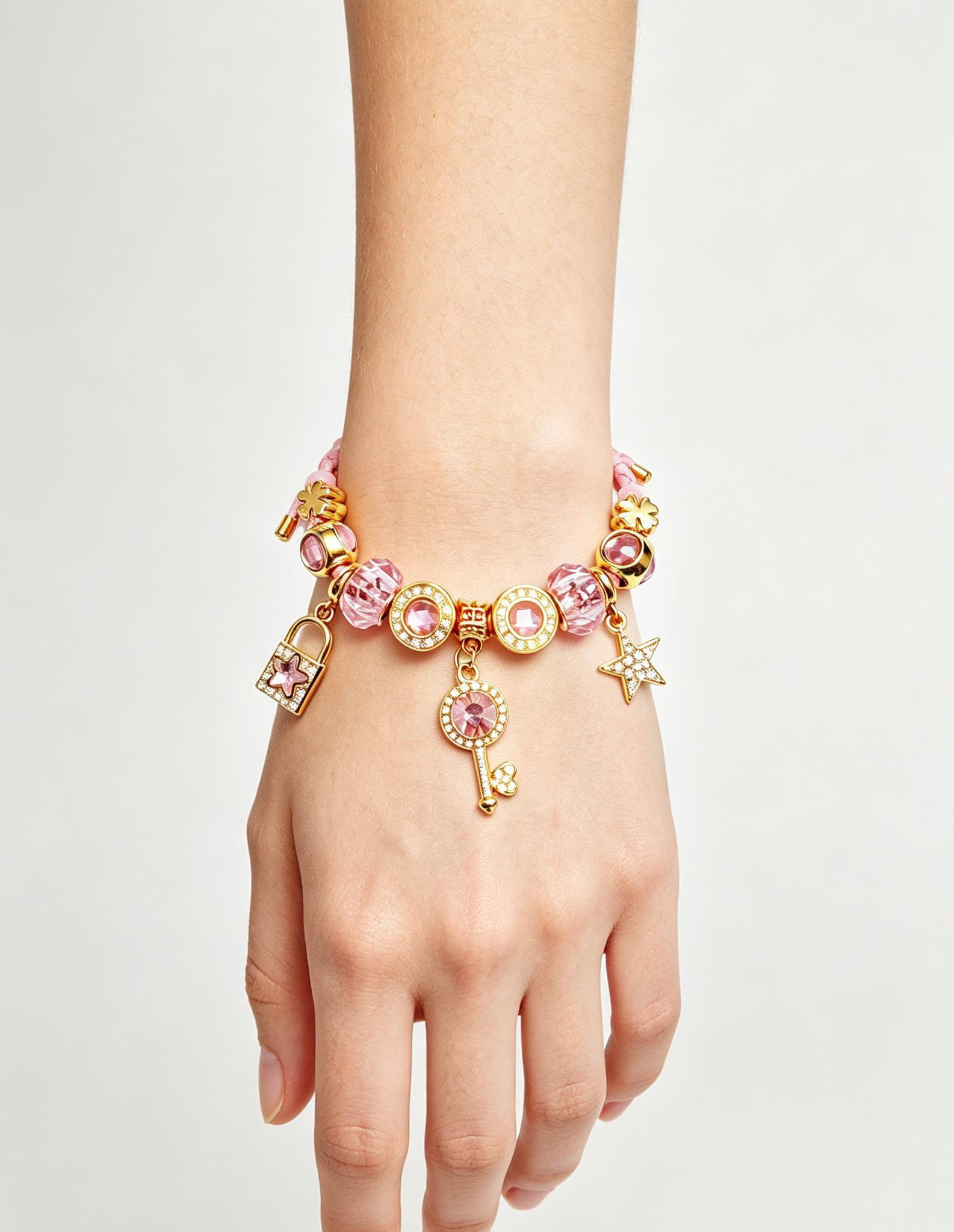 Women's Adjustable Pink Braided Leather Charm Bracelet - Sparkling Crystal, Gold Lock, Star Key, 4 Leaf Clover Beads Fashion Costume Jewelry Gift Women's Adjustable Pink Braided Leather Charm Bracelet - Sparkling Crystal, Gold Lock, Star Key, 4 Leaf Clover Beads Fashion Costume Jewelry Gift