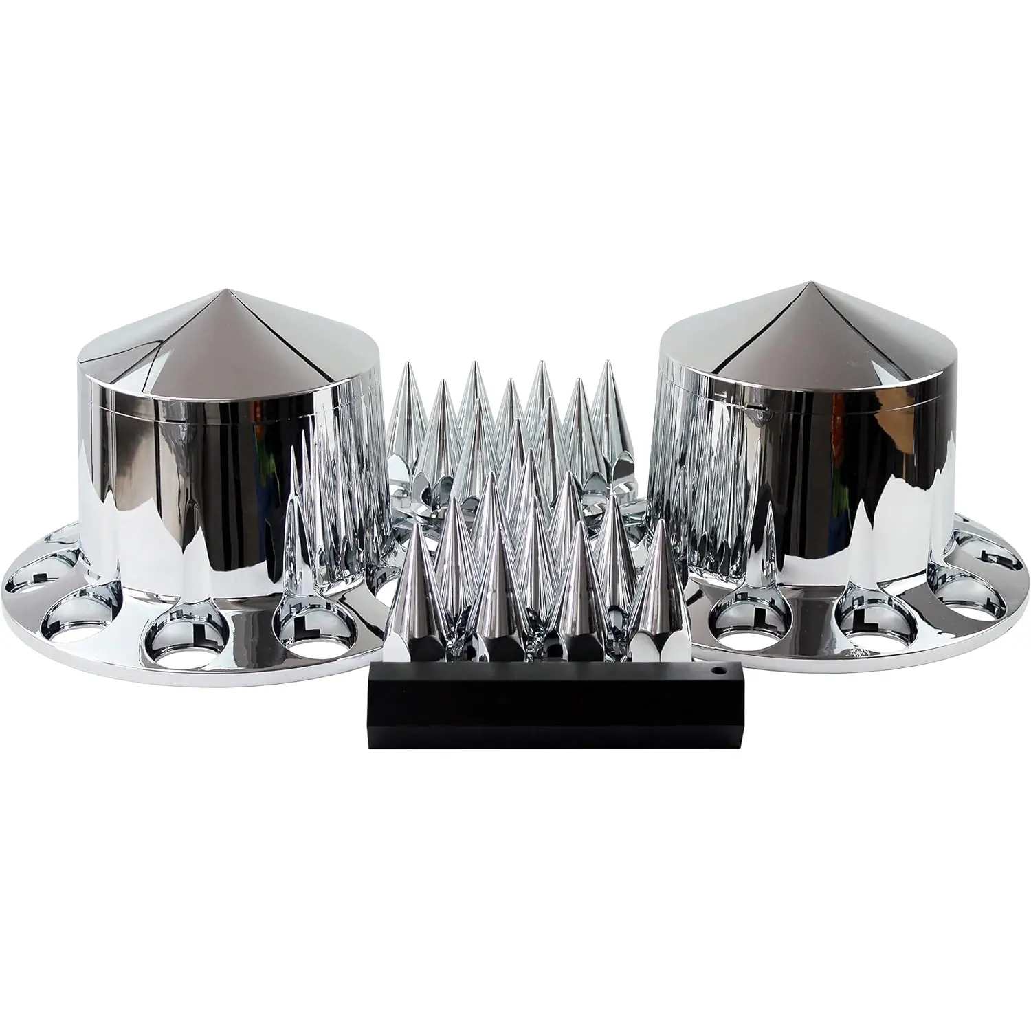 Chrome-Plated ABS Plastic Semi Truck Axle Cover Tool Set - 33mm Screw-On Spiked Lug Nut Covers, 2 Rear Hub Caps, Vehicle Installation Tool