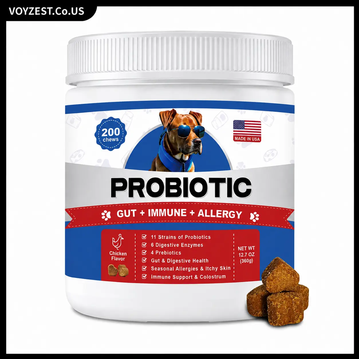 Dog Probiotic Soft Chews, 11 Probiotic Strains +6 Digestive Enzymes+4 Prebiotics, Gut Digestive & Immune Support, Relieve Seasonal Allergies & Itchy Skin, Chicken Flavor 200 Chews Made in USA 24-month shelf life
