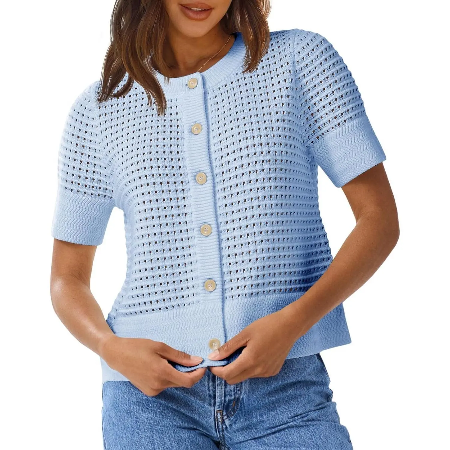 Saodimallsu Cardigan for Women, Basic Round Neck Short Sleeve Button-Up, Airy Crochet Casual Summer Knitwear, Shortsleeve, Airy Crochet Knit, Lady, Crochet Mesh sohochic