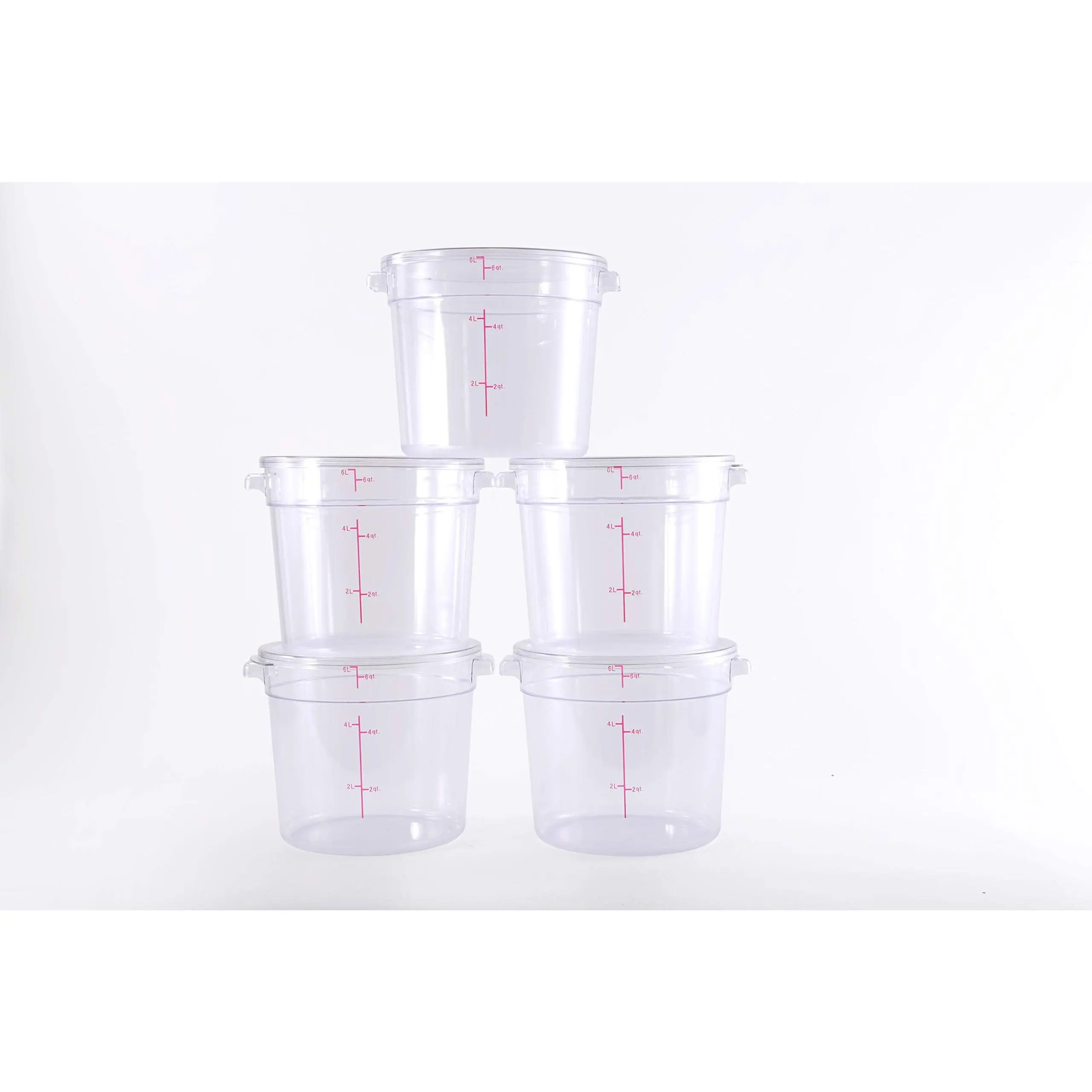 Hakka 6 Qt Commercial Grade Clear Polycarbonate Round Kitchen Food Storage Containers with Lids - Case of 5
