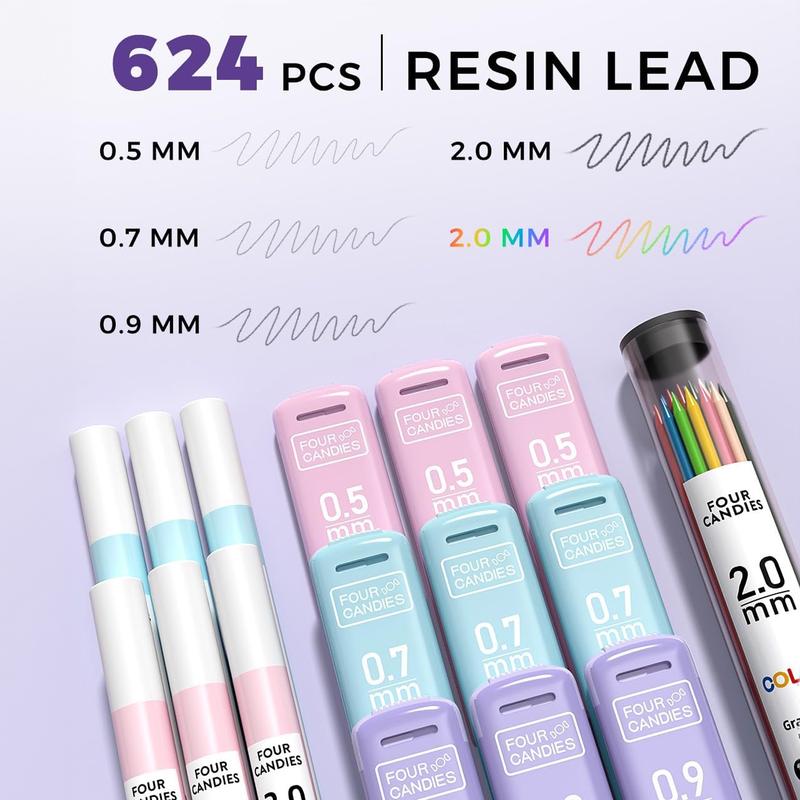 Four Candies 36PCS Aesthetic School Supplies, Mechanical Pencils 0.5mm, 0.7mm, 0.9mm & 2.0mm with 624PCS Lead Refills, Cute Mechanical Pencils for Writing, Drawing & Drafting, Student Essentials, school supplies art work, Ideal Christmas Gift for Kids