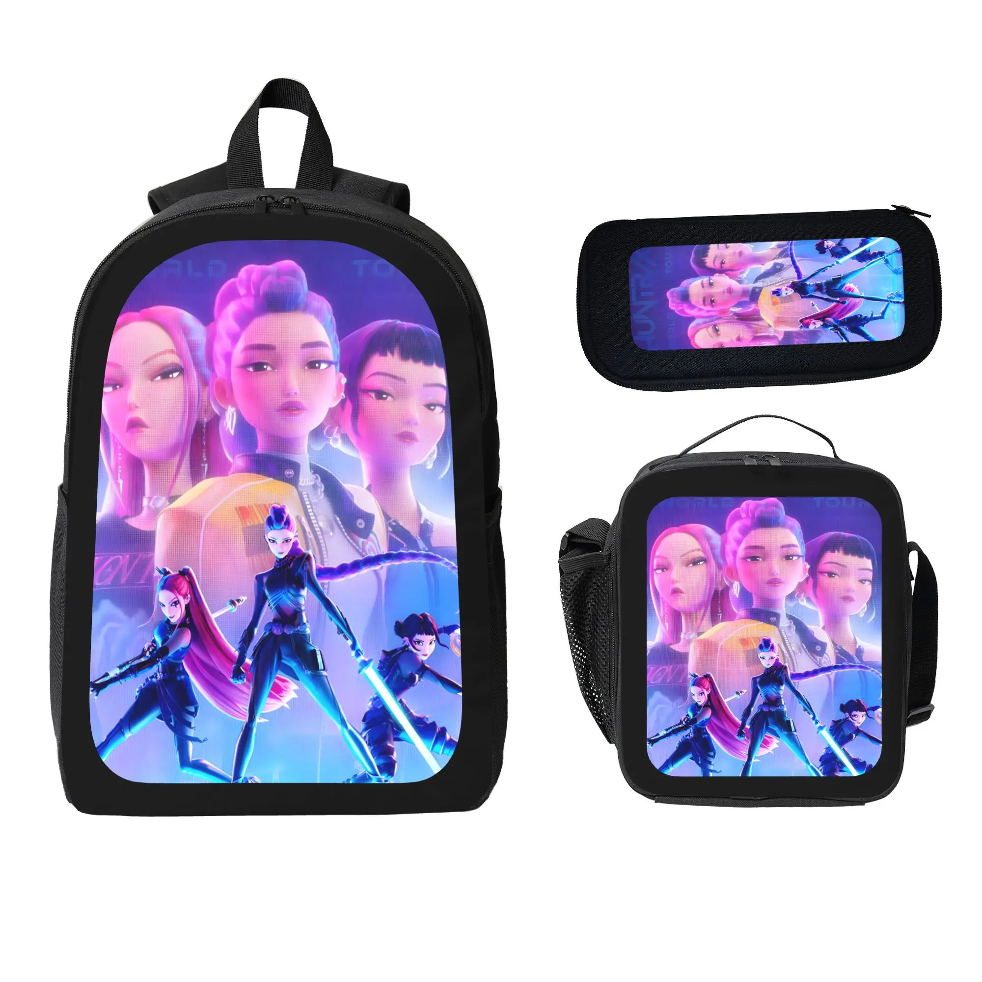 3Pcs Cyberpunk Anime Girls Backpack Set with Insulated Lunch Box & Pencil Case, Cool Futuristic Graphic School Bag Kit for Teens Boys Girls, Back to School Essentials