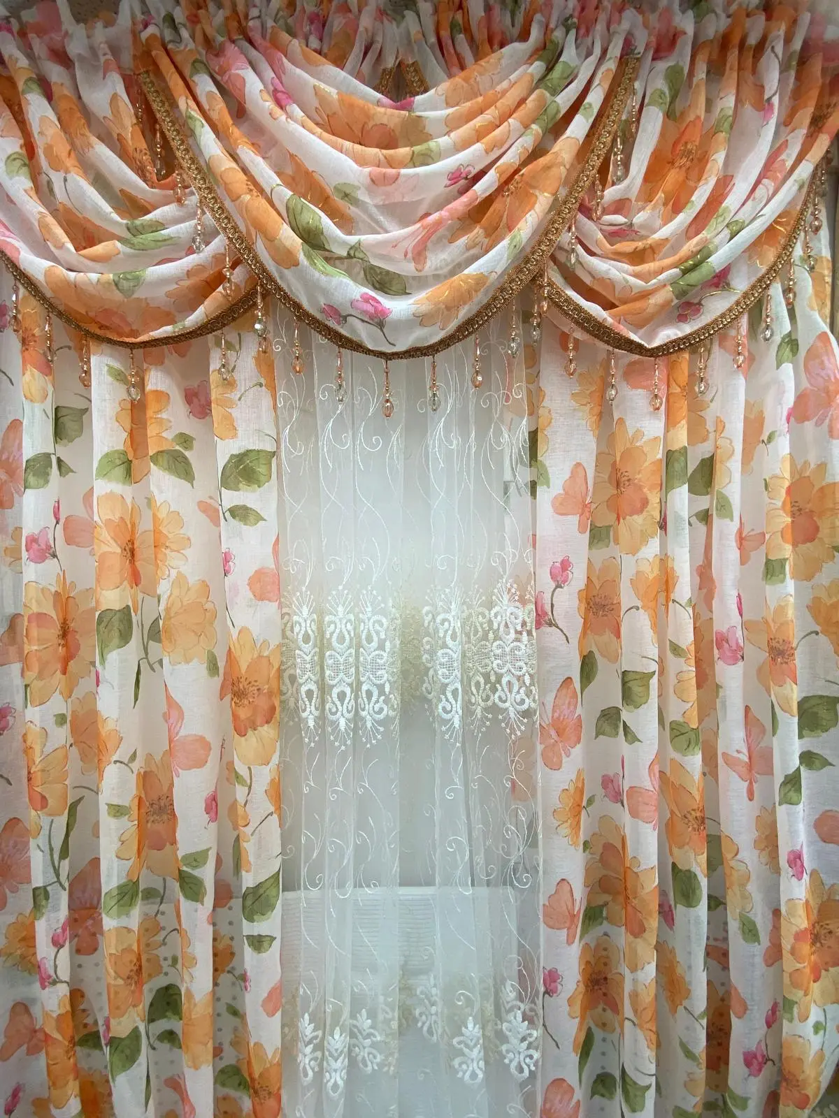 Anika 6-Piece Orange Floral Curtain Set – Anna Embroidered Sheer Panel