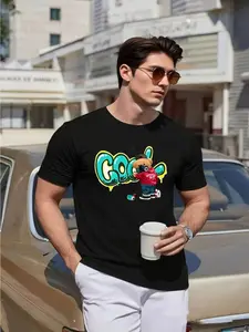 Hip-Hop Style Cool Bear Graffiti Print Round Neck Short Sleeve T-Shirt, Unisex Streetwear Casual Top, Loose-Fitting All-Seasons Clothing