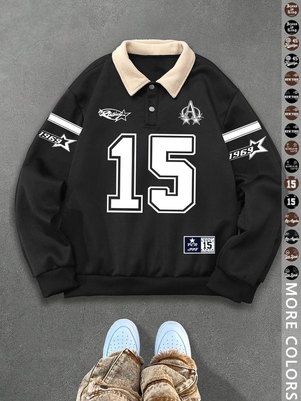 Unisex Y2K Style New York Letter Print Polo Sweatshirt, Thick Retro British Aesthetic Lamb Wool Collar Pullover for Streetwear Casual Wear