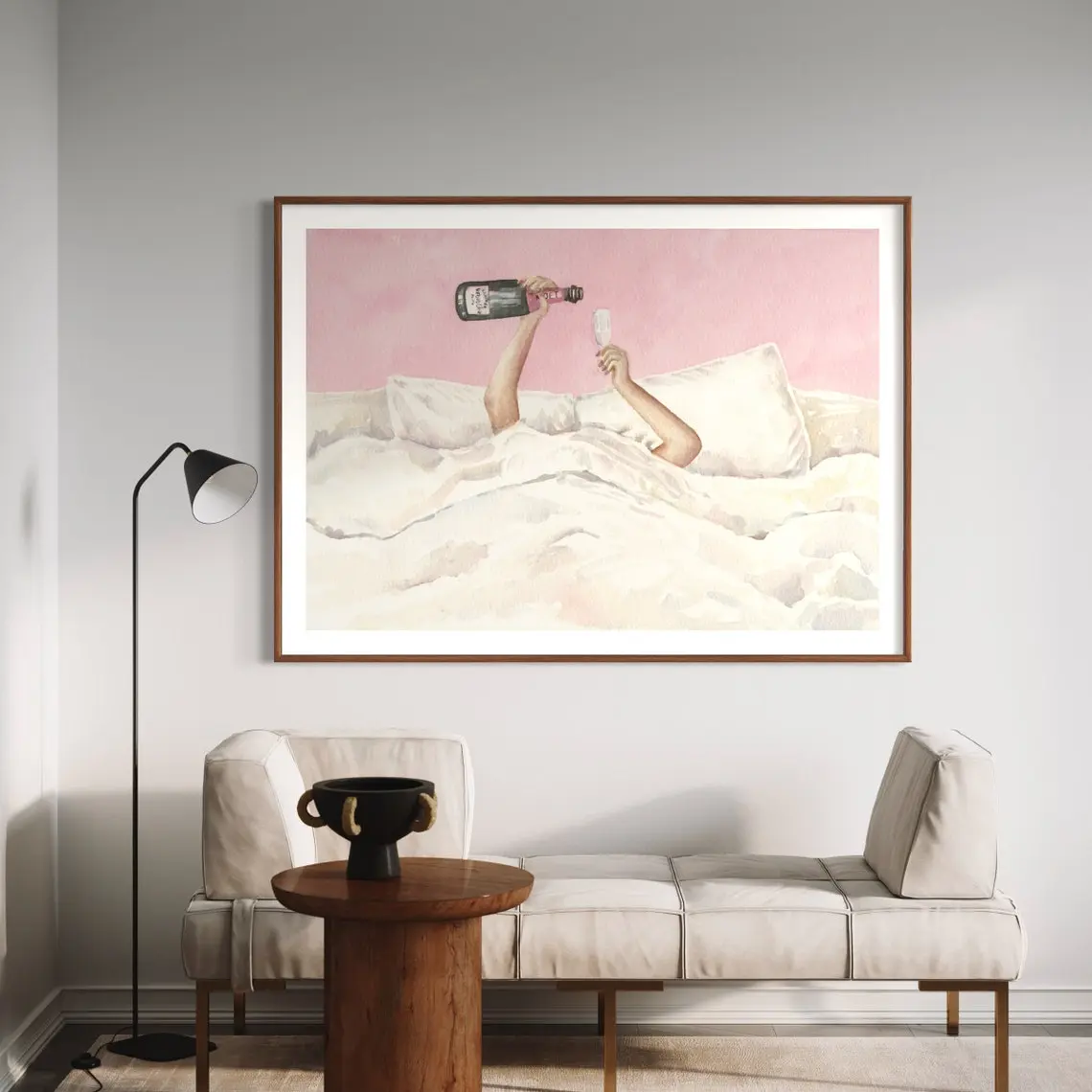 Pink Champagne Bottle Wall Art – Watercolor Cocktail Poster for Feminine Bar Decor, Preppy Apartments & Trendy Gallery Walls