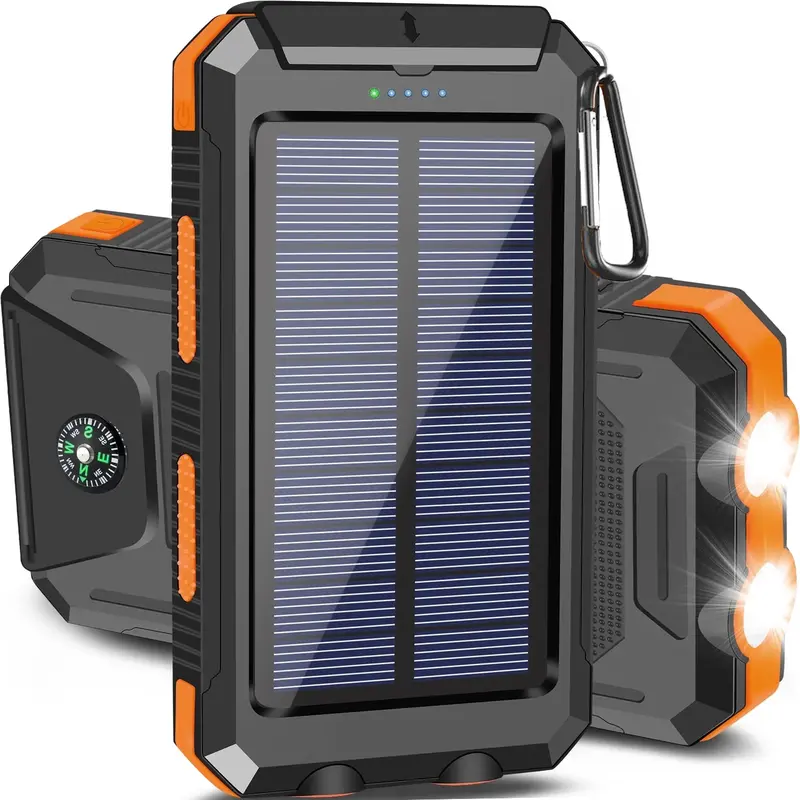 20000mAh Multifunctional Portable Solar Power Bank Charger - Mobile Phone Accessories Battery Pack, Dual USB-A Output, LED Flashlight, Waterproof Outdoor Design with Compass, Clip, Carabiner, Back to School Cool Gadget