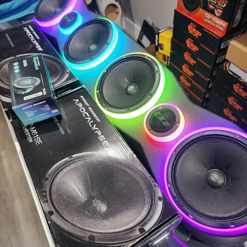 SMART LOADED Universal 38” Sound Bar Pod 4x 6.5" Midrange & 2x Tweeter AND LED SPEAKER RING (wood and fabric ) LOADED 4 DEAF BONCE AP-M61SE AND 2 TWEETERS DEAF BONCE TH-25G PAQUETE COMPLETO 4 BOCINAS Y 2 TWEETER Y AROS DE LUCES !!!!!!!!