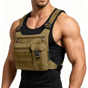 Running Chest Pack for Men Women, Lightweight Outdoor Sports Vest Bag with Adjustable Straps & Water-Resistant, Multi-Pocket EDC Chest Rig for Running Hiking Cycling Travel, Fits Most Phones, Brown