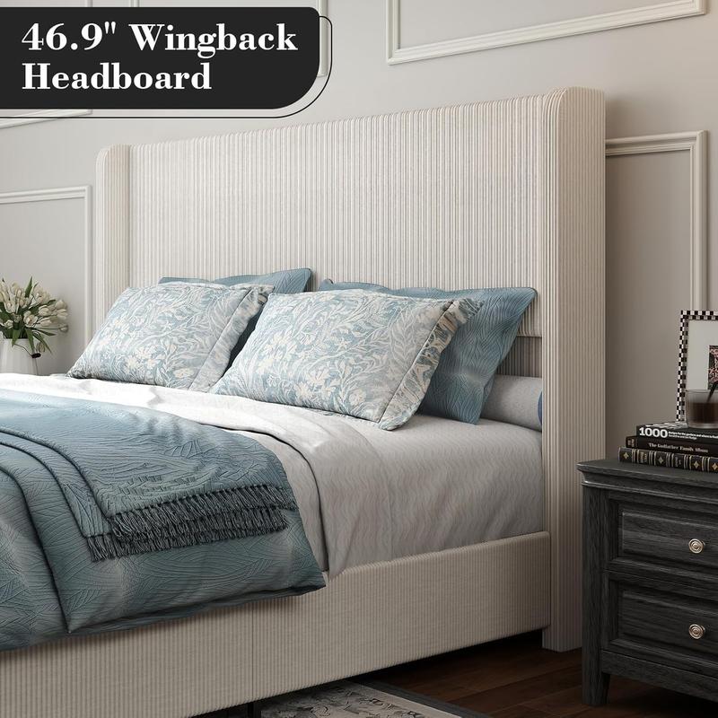 Queen Size Upholstered Bed Frame, Soft Corduroy Platform Bed with 47" Luxury Wingback Headboard, Solid Steel Slats Support, No Box Spring Needed, Noise Free, Easy Assembly, Cream Queen Size Upholstered Bed Frame, Soft Corduroy Platform Bed with 47" Luxury Wingback Headboard, Solid Steel Slats Support, No Box Spring Needed, Noise Free, Easy Assembly, Cream