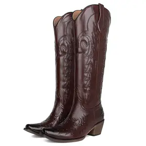 cowboy boots, high-heeled women's boots, featuring classic embroidery, pointed design, thick heel, retro high-heeled boots