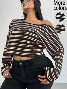 【Plus Size】1 Piece  Women's Black & White Striped Off-Shoulder Crop Top, Y2K Street Style, Ribbed Knit Fabric & Relaxed Fit, Off-The-Shoulder Long Sleeve Design, For Curvy Fashion Enthusiasts, Ideal for Streetwear, Casual Hangouts & TikTok Trendy Outfits