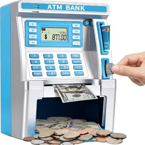 Blue Piggy Bank for Kids, ATM Machine Bank for Real Money with Debit Card, Bill Feeder, Coin Recognition, Calculator, Savings Safe Box, Cool Stuff Toys Gifts for Teen Girl
