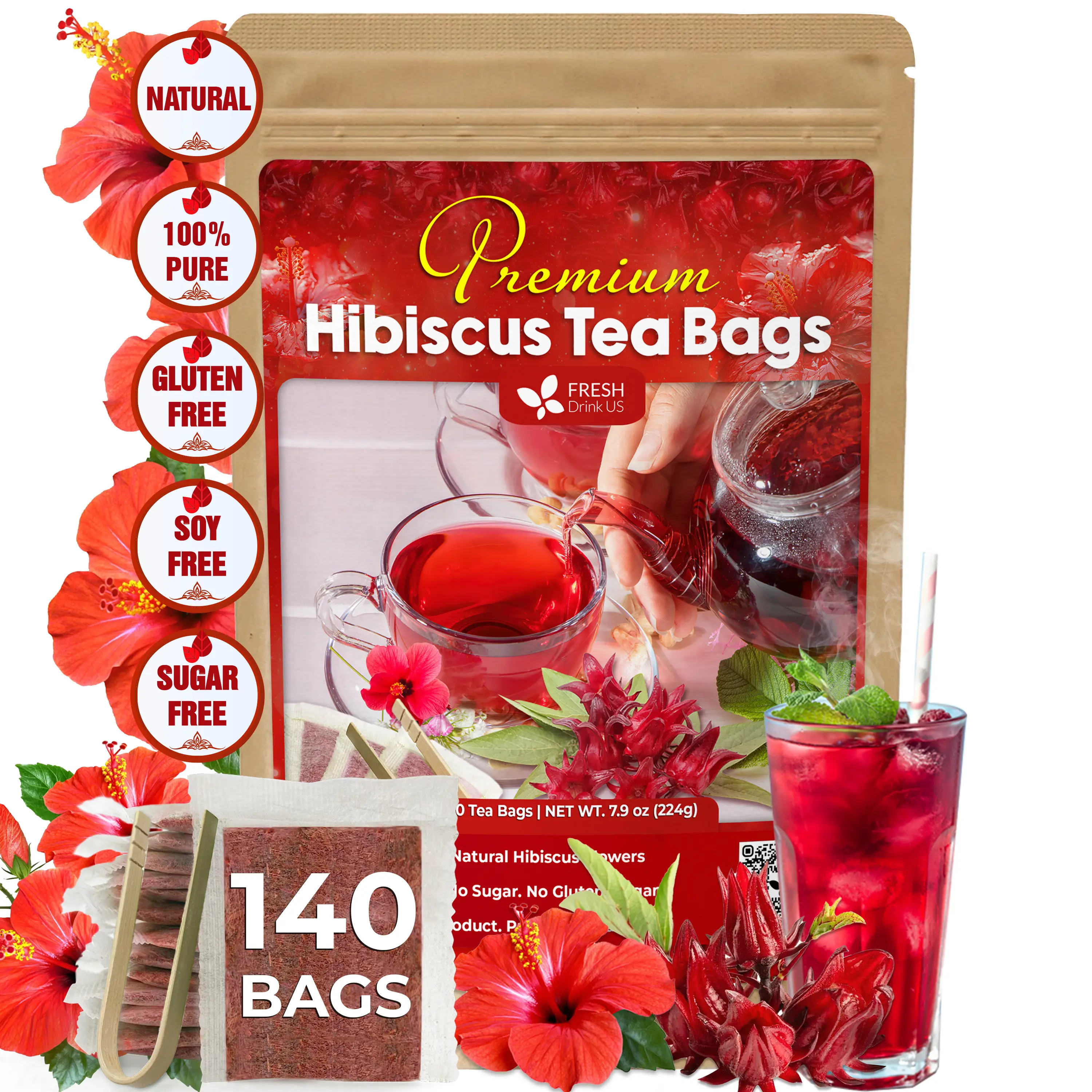 Hibiscus Tea, Premium Hibiscus Flowers Tea Bags, 100% Natural, Pure from Hibiscus Flowers. Loose Flower Hibiscus Herbal Tea. Hibiscus Flower Tea. No S