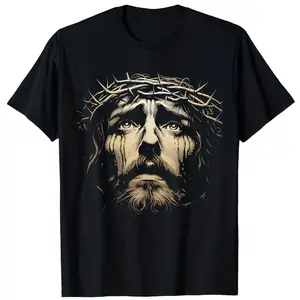 Retro Christ Crown of Thorns & Blood Drip Face Graphic T-Shirt for Men - Faith-Based Christian Design, Soft Breathable Cotton Crew Neck Short Sleeve, Great for Church Gatherings & Everyday Use, Summer Spring Streetwear, Machine Washable
