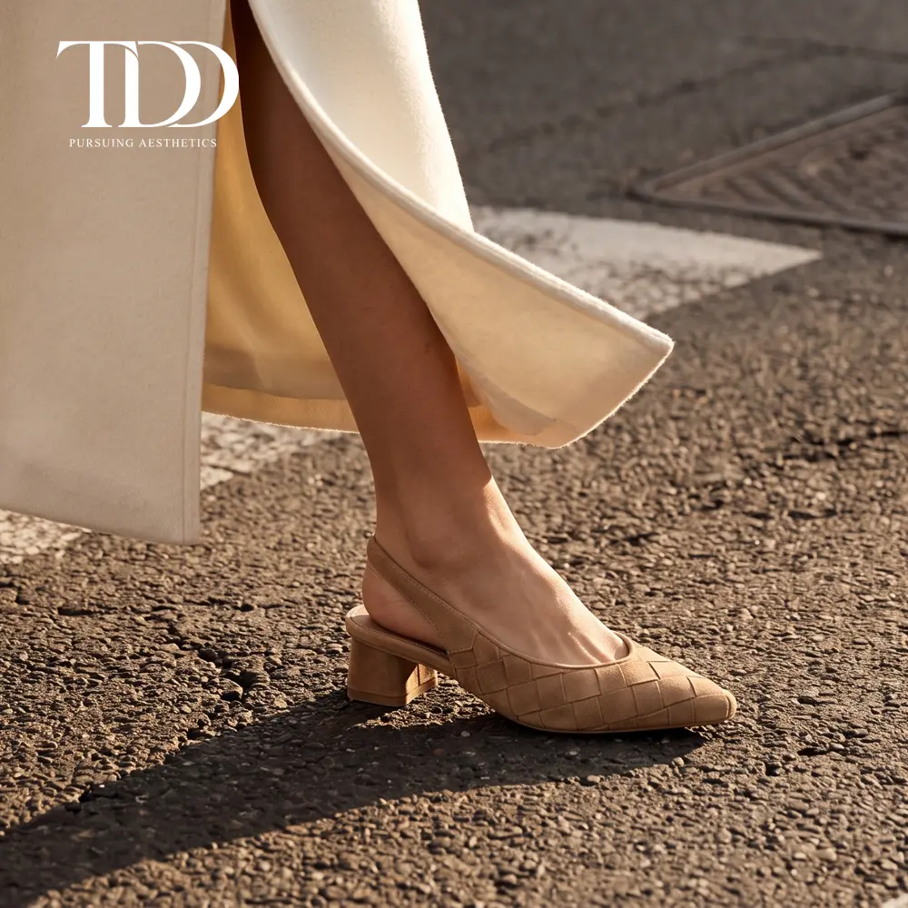 TDD Slingback Heels for Women Tan Dress Closed Toe Pointed Summer Comfortable Woven Sandals Low Heel Chunky Block Suede Wide Width 2 Inch Work Pumps