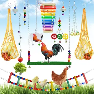 12 Pack Chicken Toys for Hens,Net Mirror Bell Xylophone String Vegetable Fruits Skewer Hanging Ladder Swings Coop Accessories for Hens Bird Parrot Chicken Coop Accessories Set