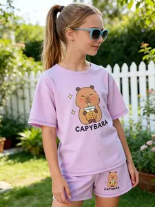 Trendy Capybara Graphic Tee & Shorts Set Teen Girls Casual Set Cute Lavender Outfit for School & Vacation