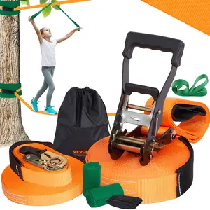 VEVOR Outdoor Slackline Kit with Training Line, 60 ft Backyard Tight Rope Equipment, Easy-Setup Tool Kit for Adults, Includes Tree Protectors, Arm Trainer, Carry Bag & Instructions