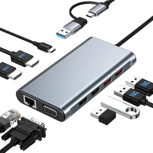 USB Docking Station Dual ,  9-in-1 USB A 3.0 / USB C Docking Station Triple  with 2 HDMI,VGA, 10Gbps USB 3.1, Gigabit Ethernet, Triple Display for  & MacBook & Windows Laptop