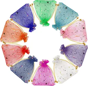 100 Pieces Moon Star Organza Jewelry Candy Bags, 2.7x3.5 Inch Random Color Organza Favor Bags Gift Pouch with Drawstring for Mother's Day Wedding Birthday Party favor