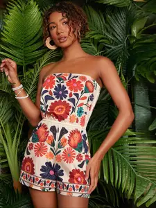 Women's Floral Print Tube Romper, Elegant Fashion Casual Strapless Jumpsuit for Daily Outdoor Wear, Women Jumpsuits for Summer