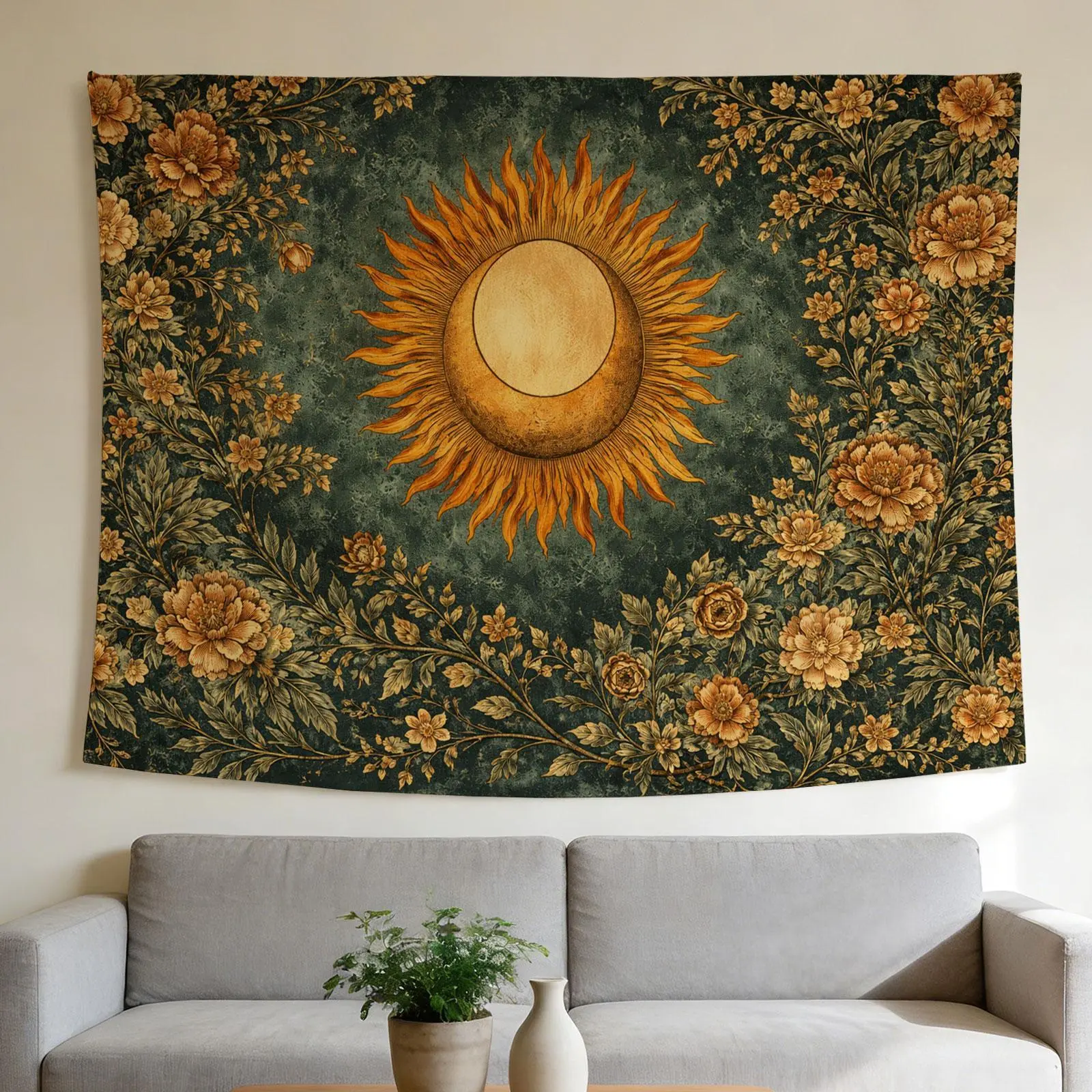 Bohemian Sun Floral Tapestry Dark Green Home Decor, Vintage Wall Hanging Art, 100% Polyester Fabric, Lightweight Decorative Backdrop for Bedroom, Living Room, Dorm Room Aesthetic