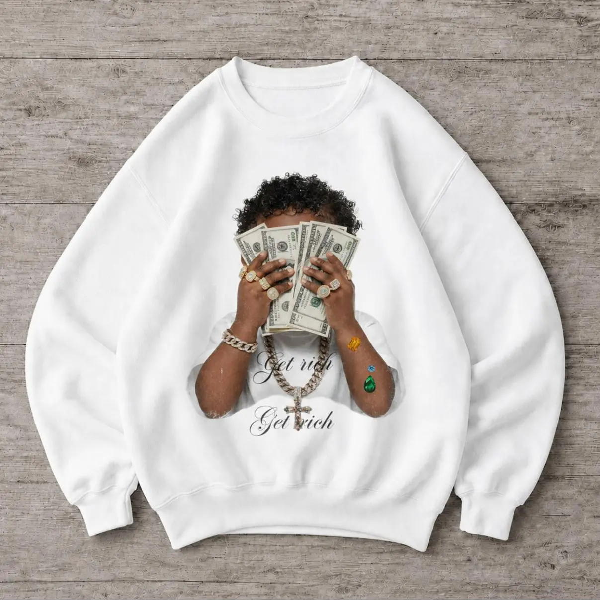 Get Rich Graphic Sweatshirt, Money Aesthetic Streetwear Pullover, Hip Hop Fashion Sweatshirt, Unisex Vintage Crewneck