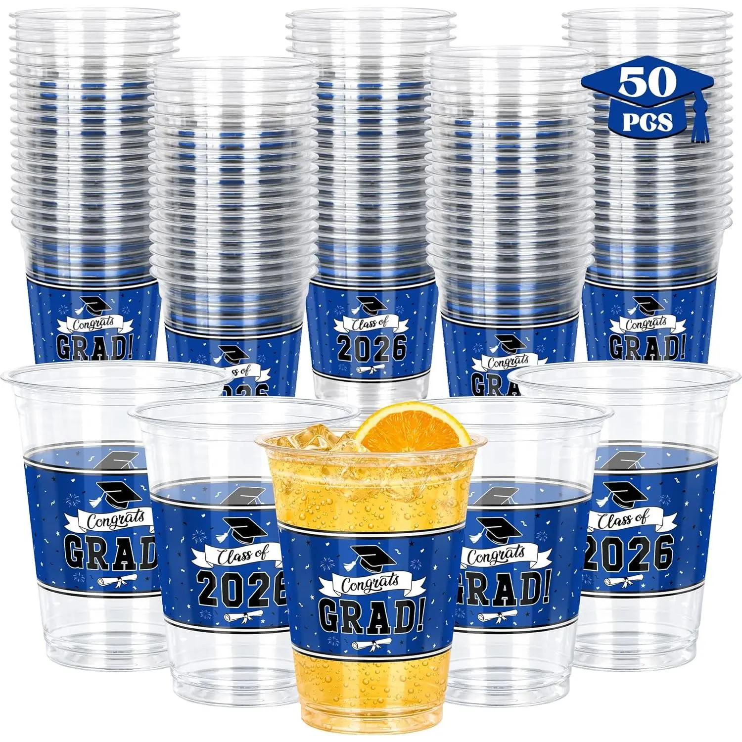 50 PCS Graduation Cups, 14 OZ Blue Grad Decorations, Disposable Plastic Cup Bulk for Class of 2026 Congrats Grad, Grad Party Supplies Favors Tableware for Hot Cold Drinks High School College