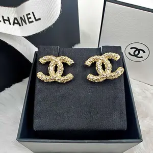 Pre-owned Chanel Brushed Gold Brass Classic Logo Stud Earrings 1115GIA0019